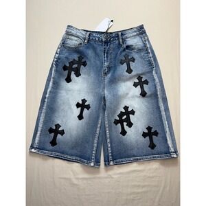 Akira Mens Cross Patch Denim Shorts Blue Streetwear Jorts LP60602B-AK Size L NEW